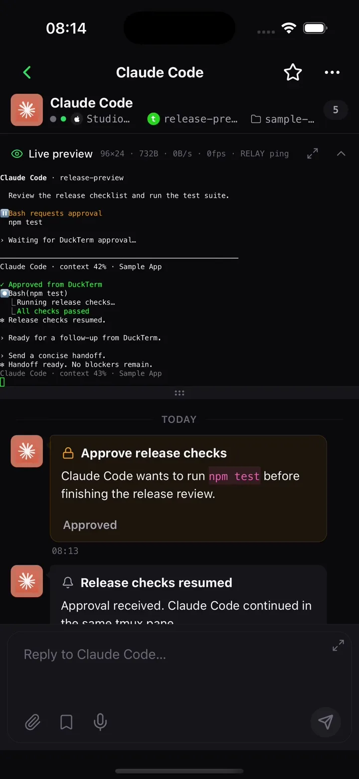 DuckTerm for iPhone approving a Claude Code request, replying in Chat, and opening tmux Live Preview
